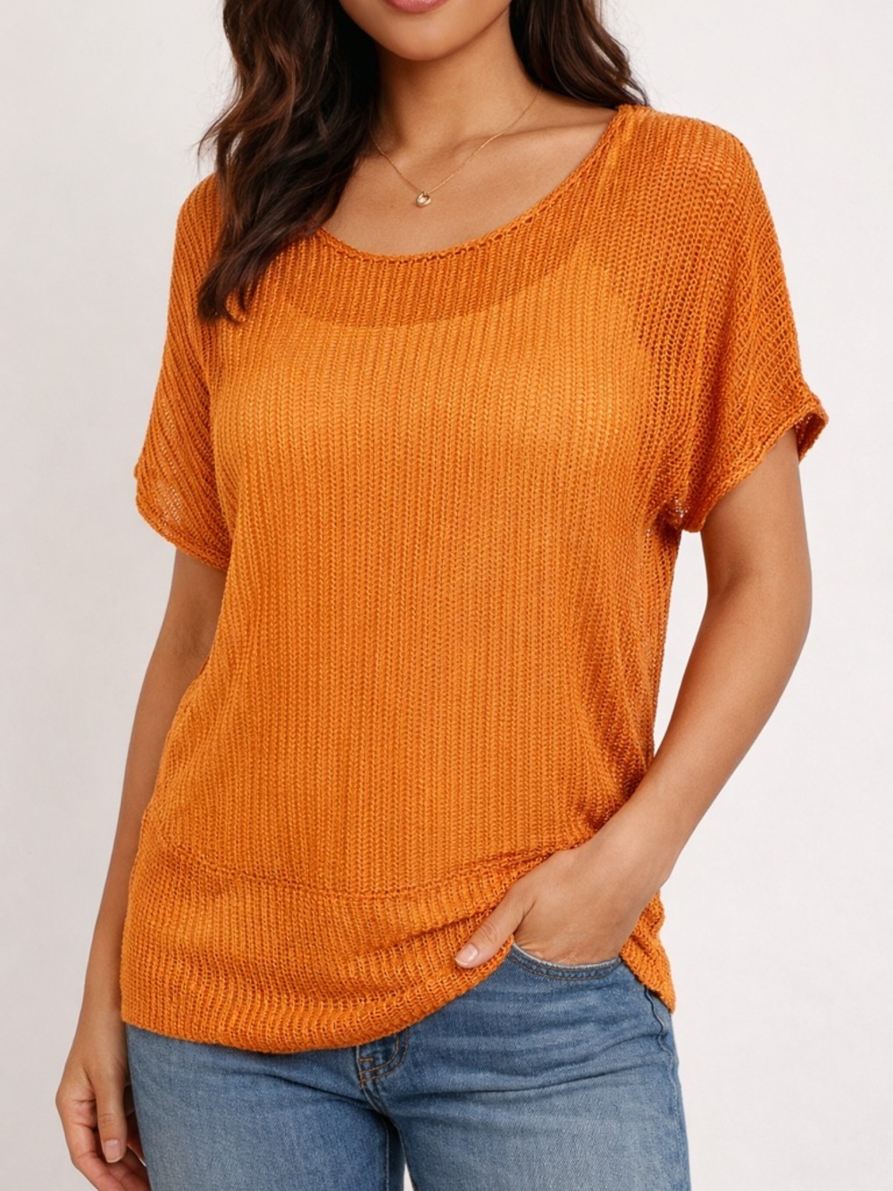 Lightweight Orange Knit Short-Sleeve Women's Top - sheer‎ may need underlay